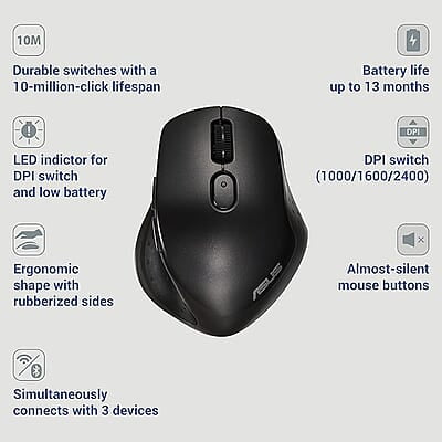 ASUS MW203 Multi-Device Wireless Silent Mouse, 2.4GHz with USB Nano Receiver, 2400 DPI Optical Tracking, 6 Buttons, Compatible with PC/Laptop - Black ASUS MW203 Multi-Device Wireless Silent Mouse, 2.4GHz with USB Nano Receiver, 2400 DPI Optical Tracking, 6 Buttons, Compatible with PC/Laptop - Black