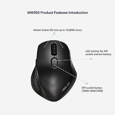 ASUS MW203 Multi-Device Wireless Silent Mouse, 2.4GHz with USB Nano Receiver, 2400 DPI Optical Tracking, 6 Buttons, Compatible with PC/Laptop - Black ASUS MW203 Multi-Device Wireless Silent Mouse, 2.4GHz with USB Nano Receiver, 2400 DPI Optical Tracking, 6 Buttons, Compatible with PC/Laptop - Black