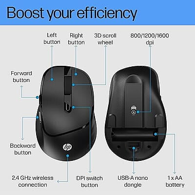 HP M120 Wireless Mouse, USB-A Nano dongle, 2.4 GHz Wireless Connection, 6 Buttons, Up to 1600 dpi, Optical Sensor, Ergonomic Design, 12-Month Battery HP M120 Wireless Mouse, USB-A Nano dongle, 2.4 GHz Wireless Connection, 6 Buttons, Up to 1600 dpi, Optical Sensor, Ergonomic Design, 12-Month Battery