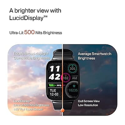 Ambrane Edge Smartwatch with 500 Nits Brightness (4.2cm) Full-Touch LucidDisplay™, Real-Time Health Monitoring, SpO2, Heart Rate, Stress Tracking, Multiple Sports Modes & 7-Day Battery (Raven Black) Ambrane Edge Smartwatch with 500 Nits Brightness (4.2cm) Full-Touch LucidDisplay™, Real-Time Health Monitoring, SpO2, Heart Rate, Stress Tracking, Multiple Sports Modes & 7-Day Battery (Raven Black)