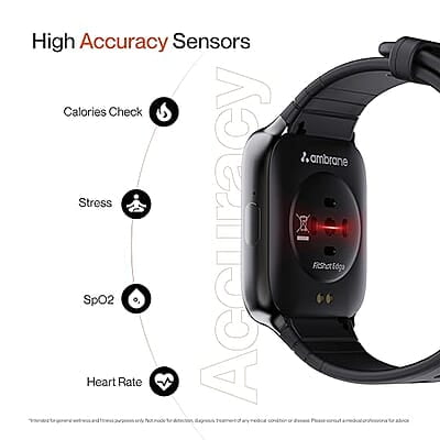 Ambrane Edge Smartwatch with 500 Nits Brightness (4.2cm) Full-Touch LucidDisplay™, Real-Time Health Monitoring, SpO2, Heart Rate, Stress Tracking, Multiple Sports Modes & 7-Day Battery (Raven Black) Ambrane Edge Smartwatch with 500 Nits Brightness (4.2cm) Full-Touch LucidDisplay™, Real-Time Health Monitoring, SpO2, Heart Rate, Stress Tracking, Multiple Sports Modes & 7-Day Battery (Raven Black)