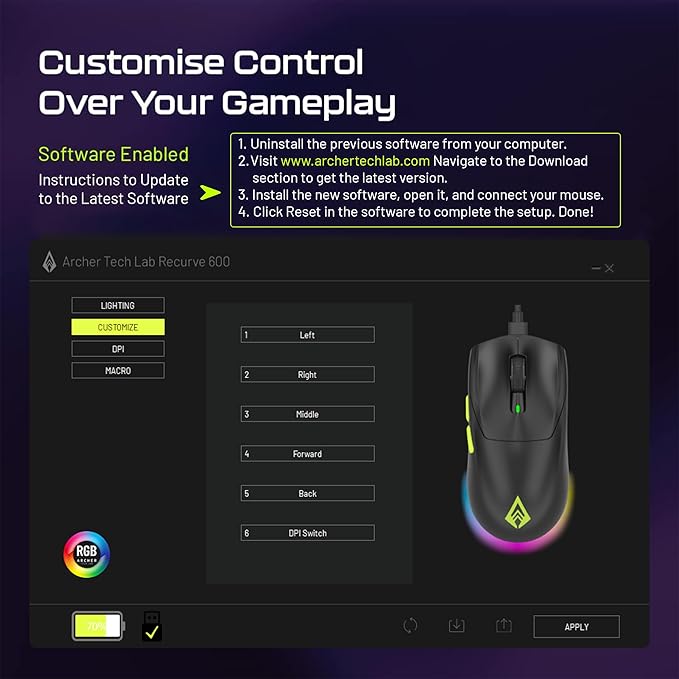 Archer Tech Lab Recurve 600 Wireless Gaming Mouse, Three Mode Connectivity (2.4G/Bluetooth/Wired), Adjustable 10000 DPI and 7 Buttons, 8 RGB Modes, Pi Archer Tech Lab Recurve 600 Wireless Gaming Mouse, Three Mode Connectivity (2.4G/Bluetooth/Wired), Adjustable 10000 DPI and 7 Buttons, 8 RGB Modes, Pi