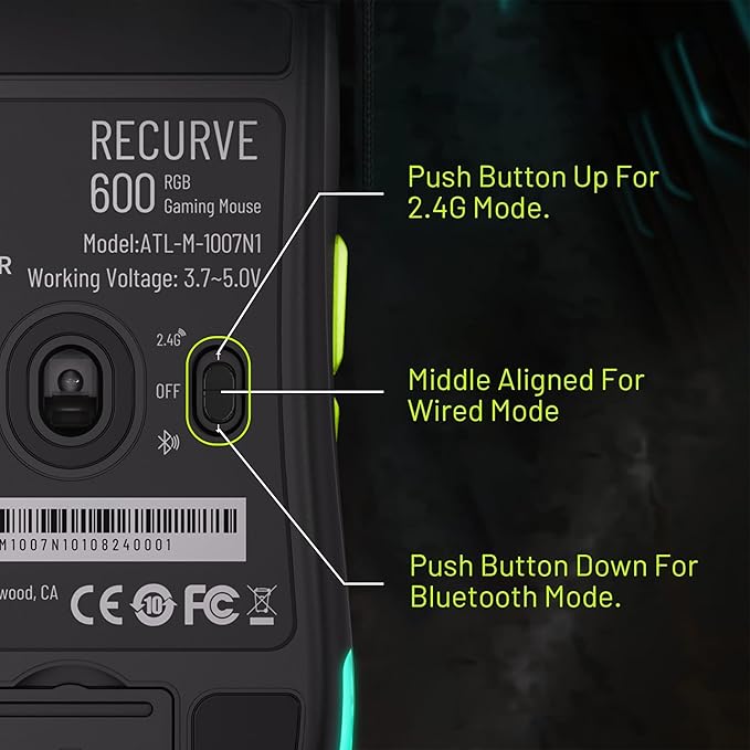 Archer Tech Lab Recurve 600 Wireless Gaming Mouse, Three Mode Connectivity (2.4G/Bluetooth/Wired), Adjustable 10000 DPI and 7 Buttons, 8 RGB Modes, Pi Archer Tech Lab Recurve 600 Wireless Gaming Mouse, Three Mode Connectivity (2.4G/Bluetooth/Wired), Adjustable 10000 DPI and 7 Buttons, 8 RGB Modes, Pi