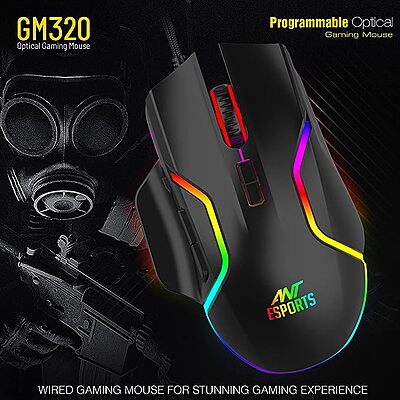 Ant Esports GM320 RGB Optical Wired Gaming Mouse | 8 Programmable Buttons | 12800 DPI I Ergonomic Design with Braided Cable - Black Ant Esports GM320 RGB Optical Wired Gaming Mouse | 8 Programmable Buttons | 12800 DPI I Ergonomic Design with Braided Cable - Black