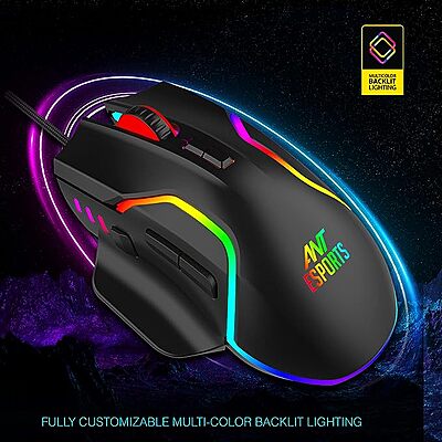 Ant Esports GM320 RGB Optical Wired Gaming Mouse | 8 Programmable Buttons | 12800 DPI I Ergonomic Design with Braided Cable - Black Ant Esports GM320 RGB Optical Wired Gaming Mouse | 8 Programmable Buttons | 12800 DPI I Ergonomic Design with Braided Cable - Black