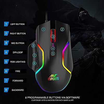 Ant Esports GM320 RGB Optical Wired Gaming Mouse | 8 Programmable Buttons | 12800 DPI I Ergonomic Design with Braided Cable - Black Ant Esports GM320 RGB Optical Wired Gaming Mouse | 8 Programmable Buttons | 12800 DPI I Ergonomic Design with Braided Cable - Black
