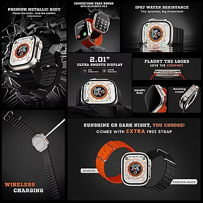 HAMMER Ultra Classic 2.01" Always on Display, Bluetooth Calling Smart Watch, Wireless Charging, 1 Extra Strap, Raise to Wake, in-Built Games HAMMER Ultra Classic 2.01" Always on Display, Bluetooth Calling Smart Watch, Wireless Charging, 1 Extra Strap, Raise to Wake, in-Built Games