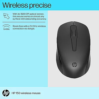 HP 150 Wireless Mouse,1600 DPI, 10 m Range, 2.4 GHz USB dongle for Instant connectivity, Ambidextrous, Ergonomic Design, Rubber Grip for All Day Comfo HP 150 Wireless Mouse,1600 DPI, 10 m Range, 2.4 GHz USB dongle for Instant connectivity, Ambidextrous, Ergonomic Design, Rubber Grip for All Day Comfo
