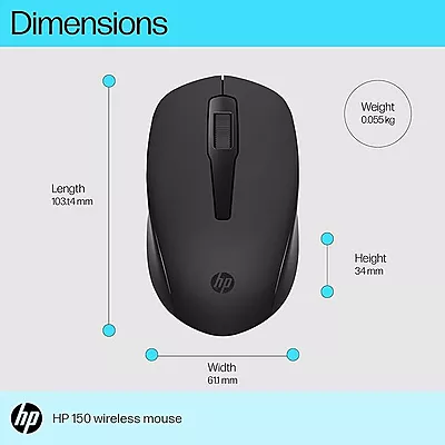 HP 150 Wireless Mouse,1600 DPI, 10 m Range, 2.4 GHz USB dongle for Instant connectivity, Ambidextrous, Ergonomic Design, Rubber Grip for All Day Comfo HP 150 Wireless Mouse,1600 DPI, 10 m Range, 2.4 GHz USB dongle for Instant connectivity, Ambidextrous, Ergonomic Design, Rubber Grip for All Day Comfo