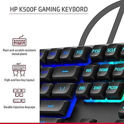 HP K500F Backlit Membrane Wired Gaming Keyboard with Mixed Color Lighting, Metal Panel with Logo Lighting, 26 Anti-Ghosting Keys, and Windows Lock Key