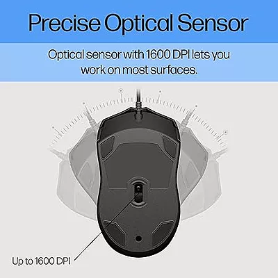 HP Wired Mouse 100 with 1600 DPI Optical Sensor, USB Plug-and -Play,ambidextrous Design, Built-in Scrolling and 3 Handy Buttons. 3-Years Warranty HP Wired Mouse 100 with 1600 DPI Optical Sensor, USB Plug-and -Play,ambidextrous Design, Built-in Scrolling and 3 Handy Buttons. 3-Years Warranty