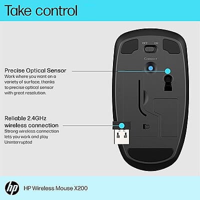 HP X200 Wireless Mouse with 2.4 GHz Wireless connectivity, Adjustable DPI up to 1600, ambidextrous Design, and 18-Month Long Battery Life. 3-Years War HP X200 Wireless Mouse with 2.4 GHz Wireless connectivity, Adjustable DPI up to 1600, ambidextrous Design, and 18-Month Long Battery Life. 3-Years War