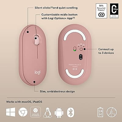Logitech Pebble Mouse 2 M350s Slim Bluetooth Wireless Mouse, Portable, Lightweight, Customisable Button, Quiet Clicks, Easy-Switch for Windows, macOS Logitech Pebble Mouse 2 M350s Slim Bluetooth Wireless Mouse, Portable, Lightweight, Customisable Button, Quiet Clicks, Easy-Switch for Windows, macOS
