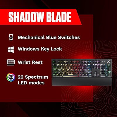 Redgear Shadow Blade Mechanical Keyboard with Drive Customization, Spectrum LED Lights, Media Control Knob and Wrist Support (mk853) Redgear Shadow Blade Mechanical Keyboard with Drive Customization, Spectrum LED Lights, Media Control Knob and Wrist Support (mk853)