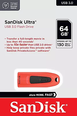 SanDisk Ultra USB 3.0 Flash Drive, CZ48 64GB, USB3.0, Red, Up to 130MB/s, Stylish Sleek Design, 5Y SanDisk Ultra USB 3.0 Flash Drive, CZ48 64GB, USB3.0, Red, Up to 130MB/s, Stylish Sleek Design, 5Y